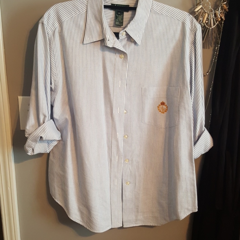 Womens blue and white striped button down